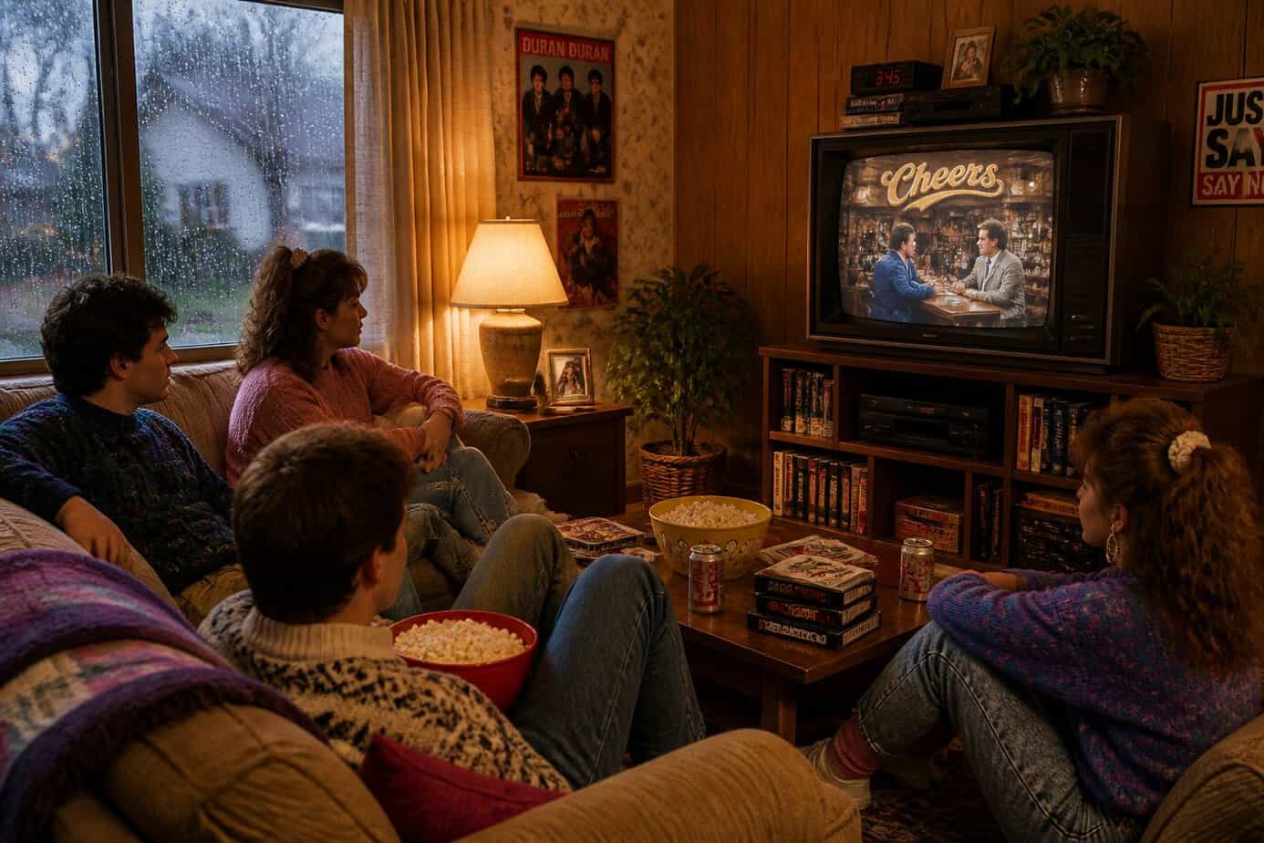 People sitting in a cozy living room on a rainy day watching a vintage television with VHS tapes nearby.