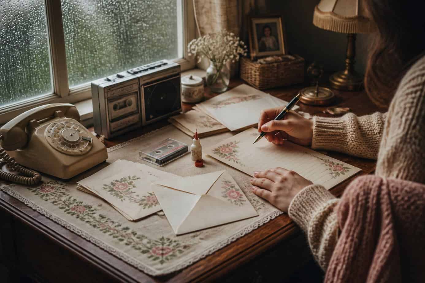 A person writing a letter on scented stationery at a desk by a rainy window, preparing to seal an envelope.