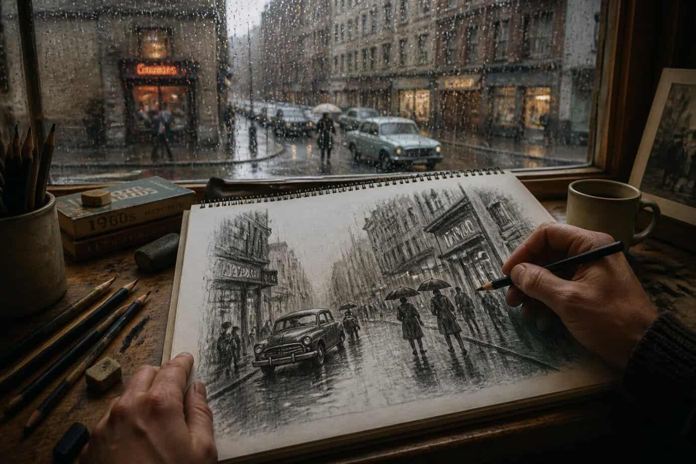 Hands sketching a rainy street scene on paper with charcoal pencils near a window showing raindrops and a quiet street outside.
