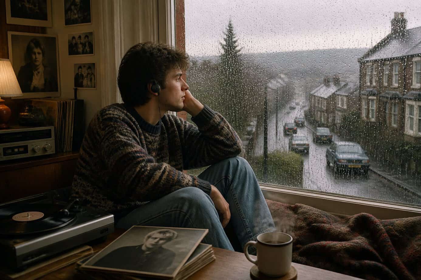 A person wearing headphones sits by a rainy window, looking outside thoughtfully on a gray day.