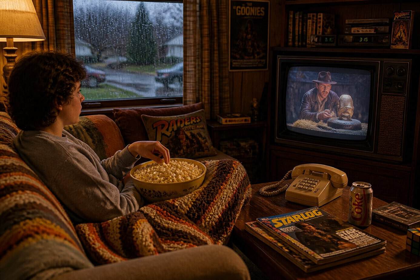 Person sitting on a sofa with a bowl of buttered popcorn watching a movie on a rainy day.