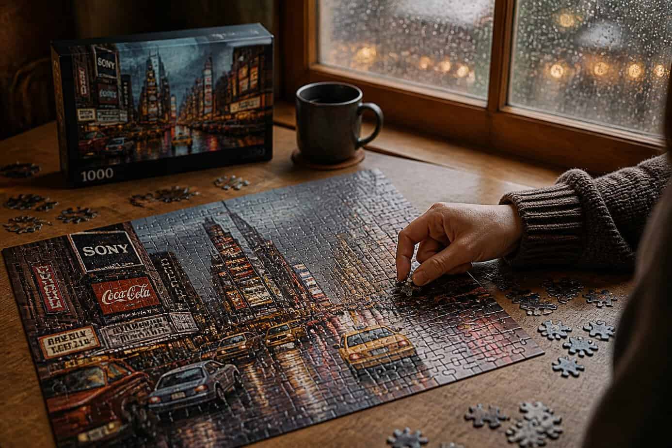 Hands assembling a jigsaw puzzle of a rainy 1980s cityscape on a wooden table indoors.