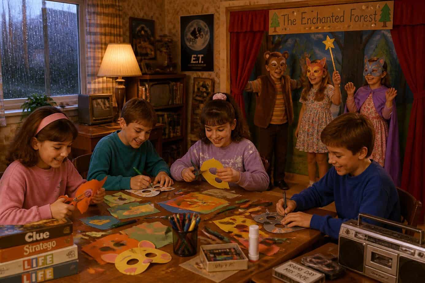 Children making paper masks and performing a small play indoors on a rainy day.