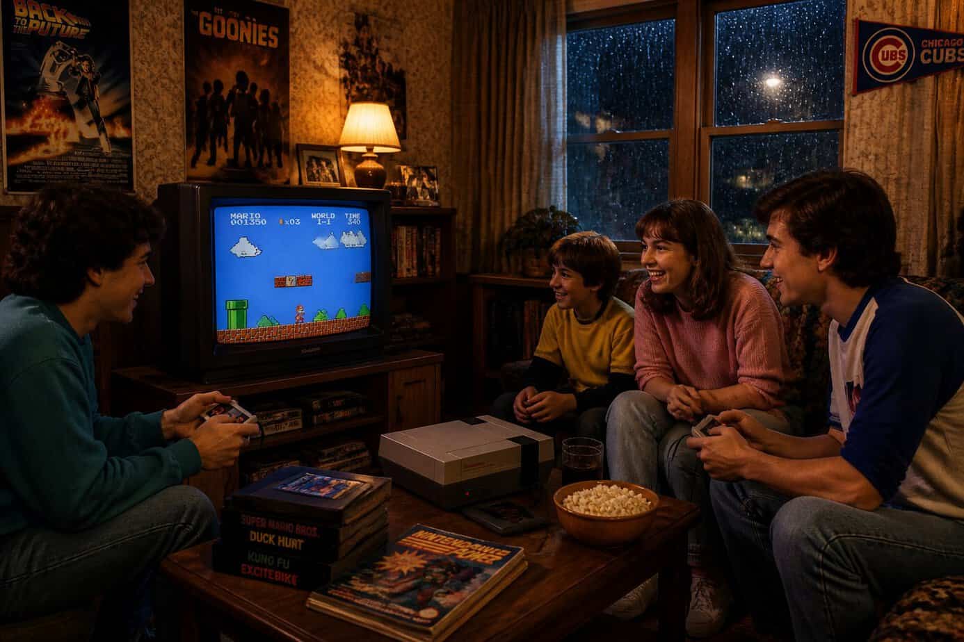 People playing a classic home video game console in a cozy living room on a rainy day.