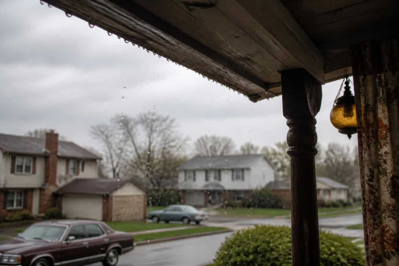 Raindrops collecting on the edge of a wooden porch roof on a rainy day with a blurred suburban neighborhood in the background.