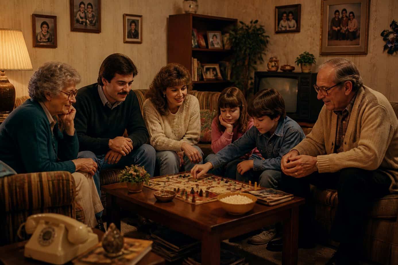 A multi-generational family sitting together in a cozy living room, sharing a quiet after-dinner moment with board games and storytelling.