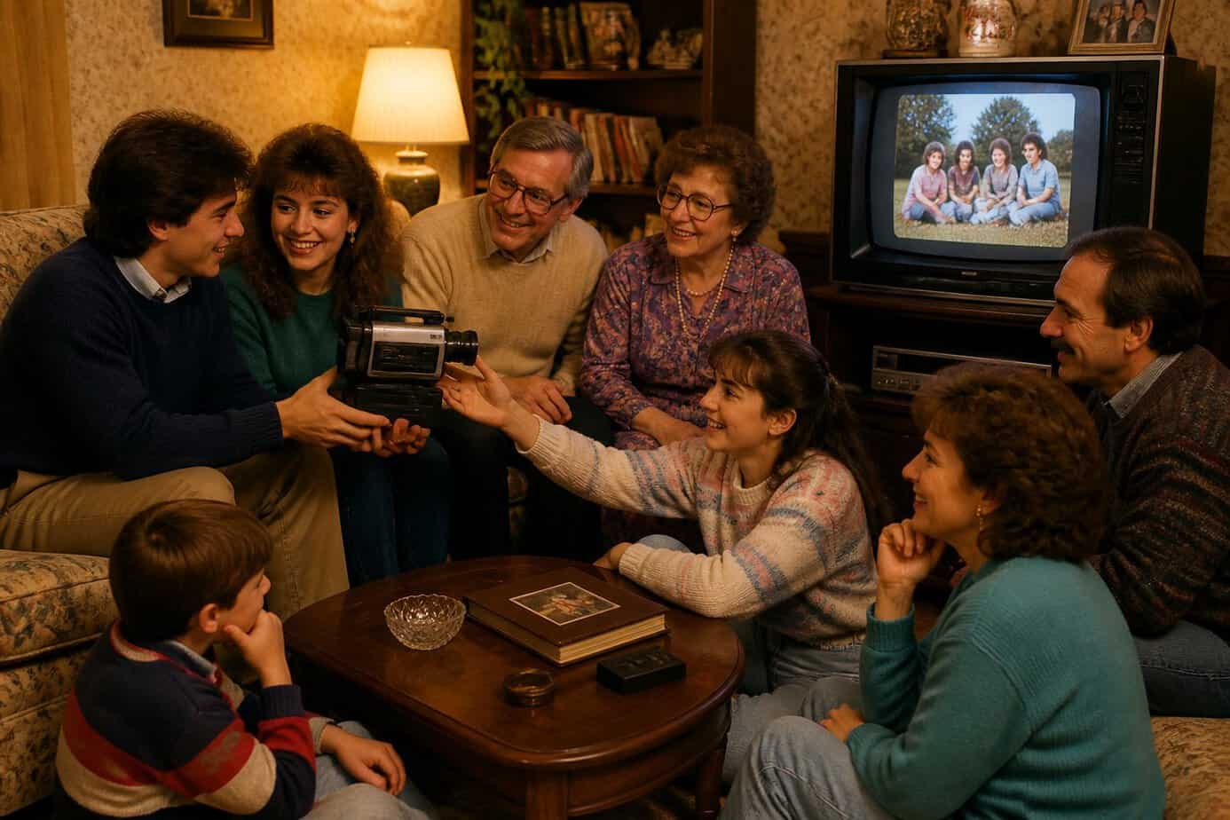 A family sitting together in a living room passing around a vintage VCR camcorder while watching a photo slideshow on a television.