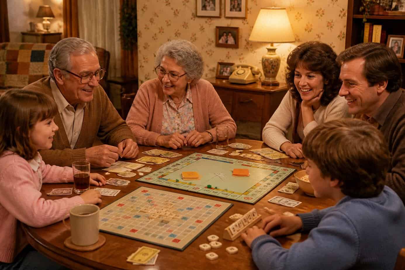 A family of different generations sitting around a table playing board games together in a cozy living room.