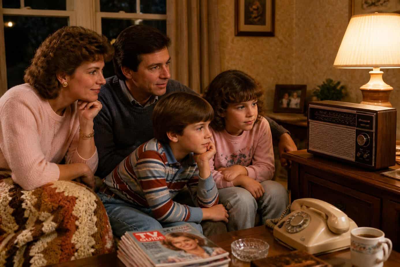 A family of four sitting together in a living room, listening attentively to a vintage radio in the evening.