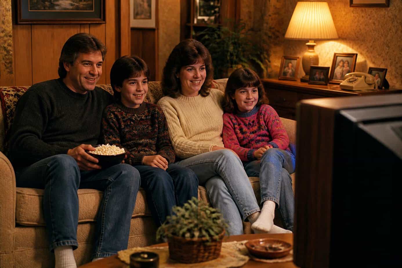 A family of four sitting together on a couch watching television in a living room at night.