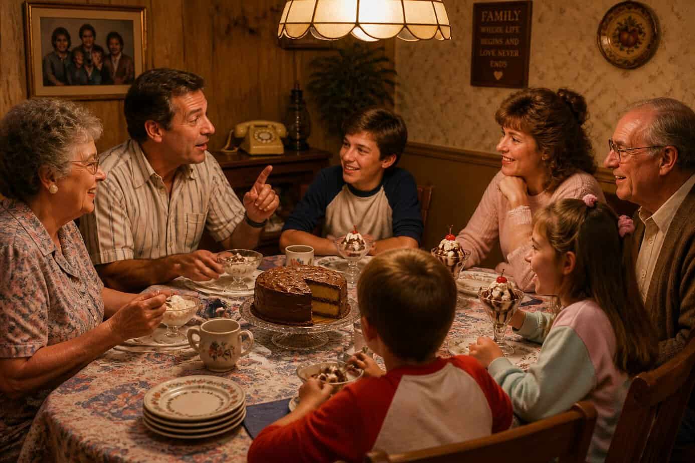 Family members of different ages sitting around a dining table sharing dessert and talking about their day.