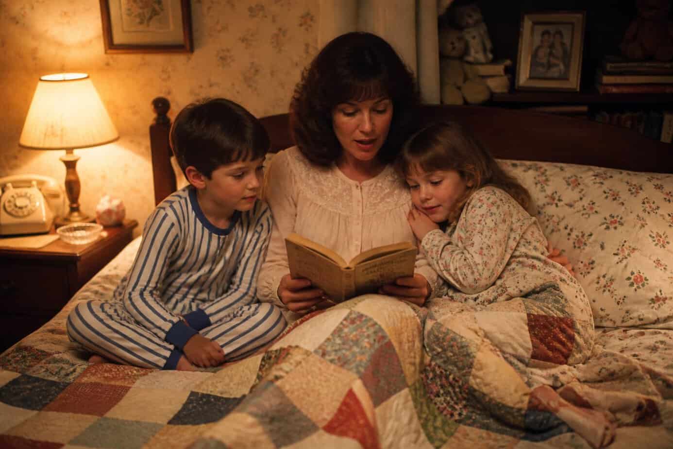 A parent reading a paperback novel aloud to two children on a bed before bedtime in a cozy family bedroom.