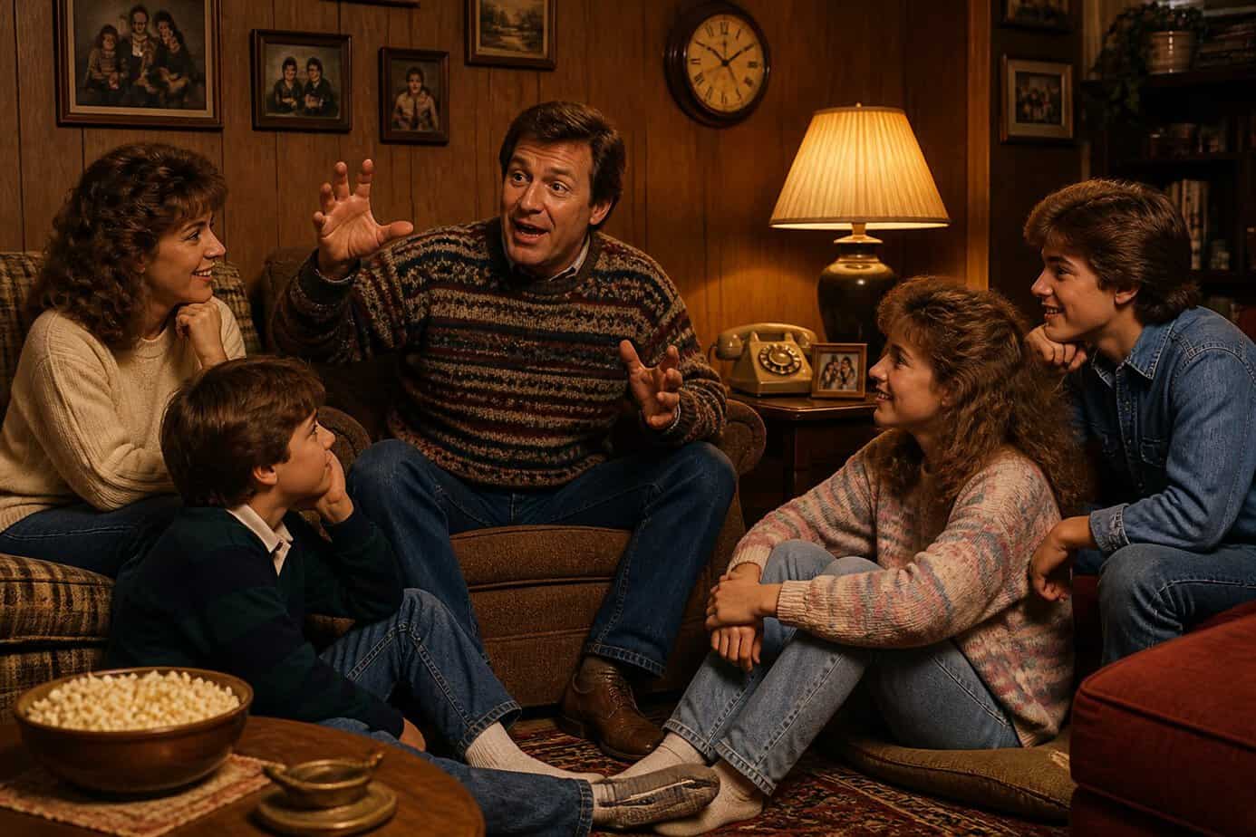 A dad tells a story to his children and spouse in a cozy living room, with everyone listening attentively.