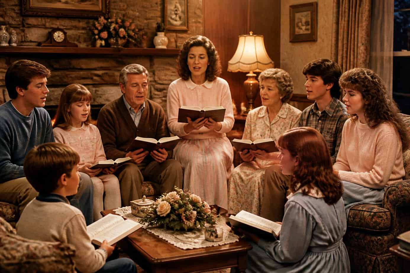 A mother leads her family in an after-dinner hymn singalong in a cozy living room with family members gathered around, singing together.