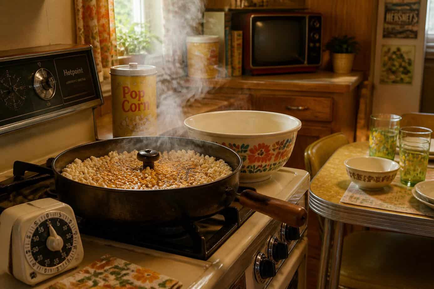 Close-up of popcorn popping in a pan on a stovetop in a cozy kitchen setting.