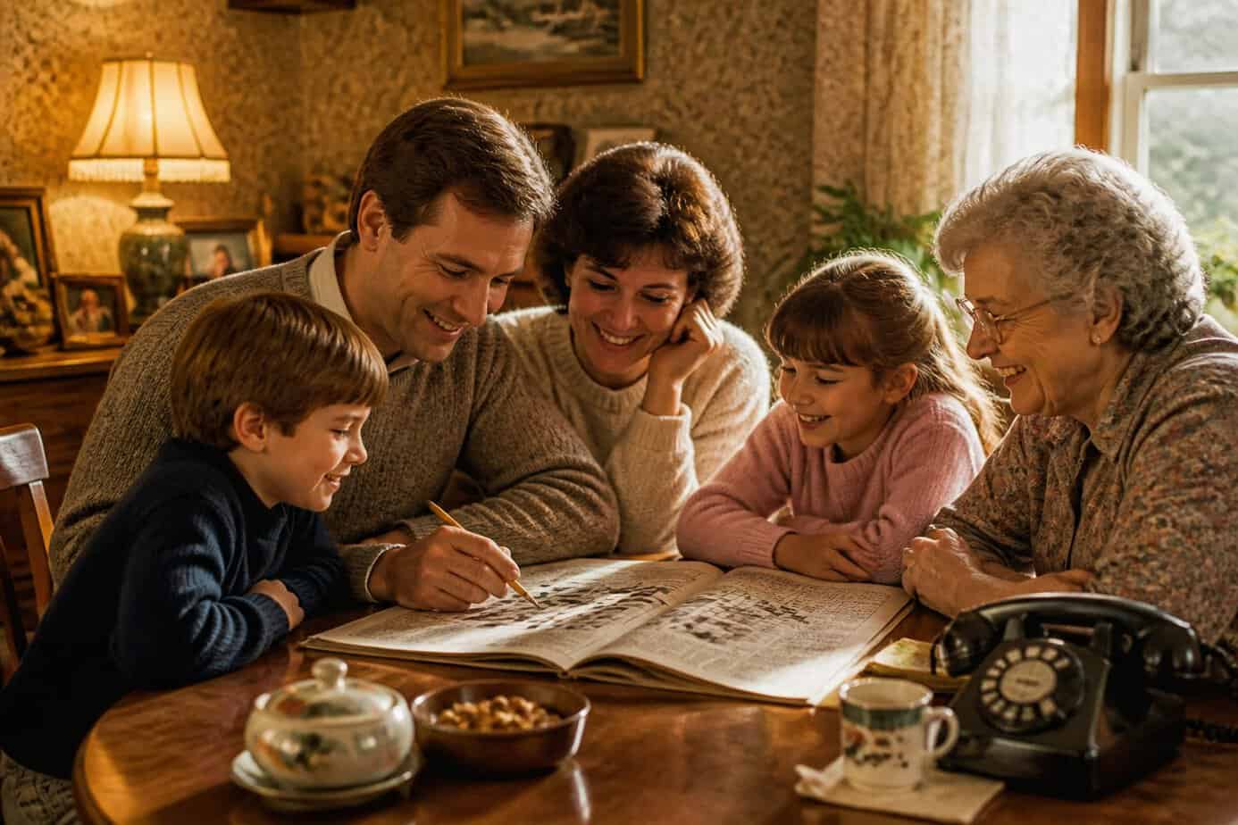 A multi-generational family sitting around a table together, working on a crossword puzzle from a newspaper.