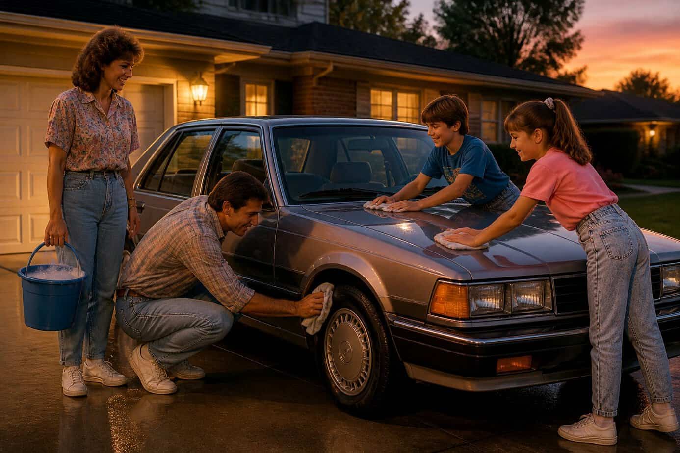 A family of four polishing their car together in a suburban driveway after dinner.