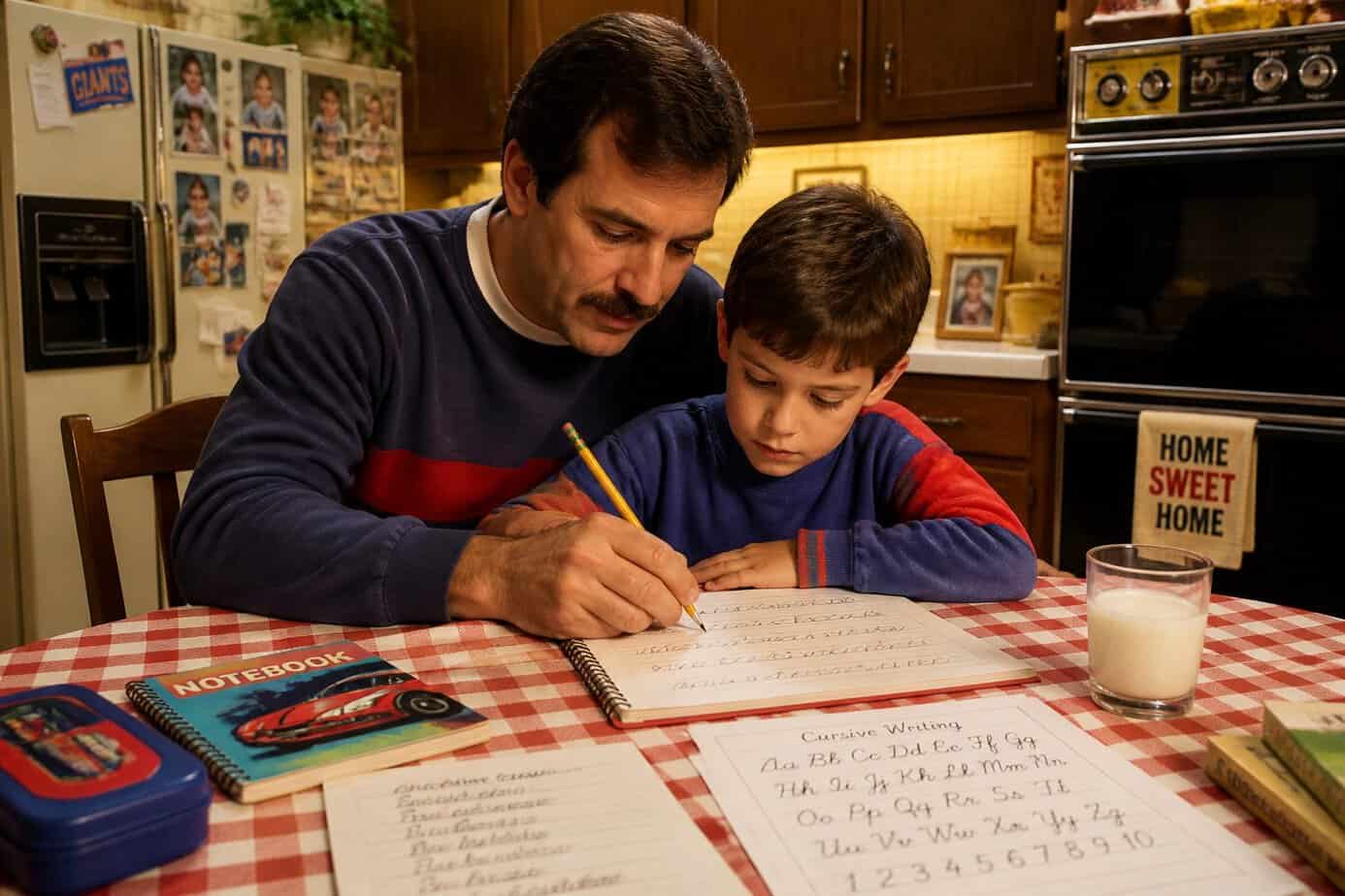 A parent teaching a child cursive handwriting at the kitchen table in a cozy 1980s kitchen.