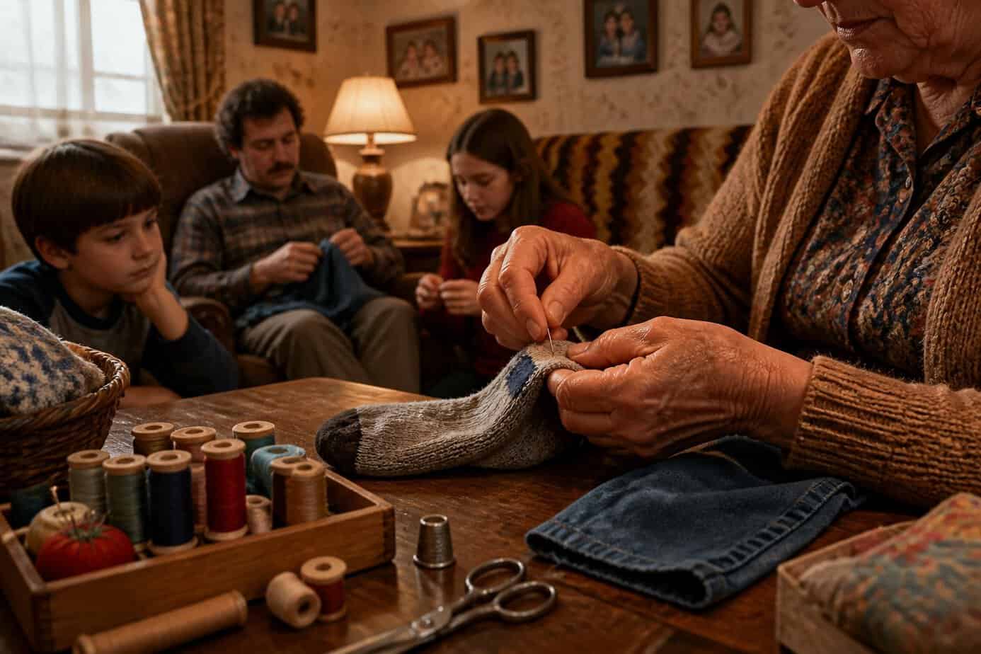 Close-up of hands sewing a patch on a sock and repairing a hem with sewing tools on a table, with a family living room in the background.