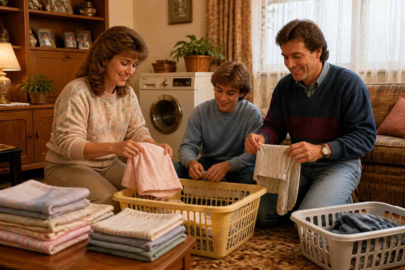 A family of three folding and sorting laundry together in a cozy living room.