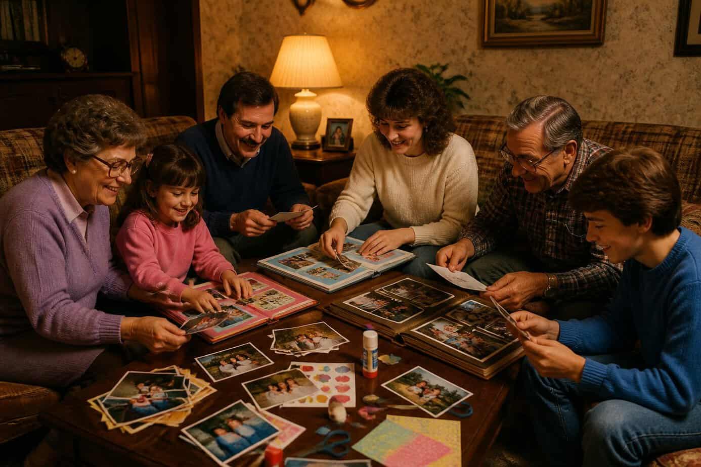 A family gathered around a coffee table at night, arranging printed photos into scrapbooks and albums.