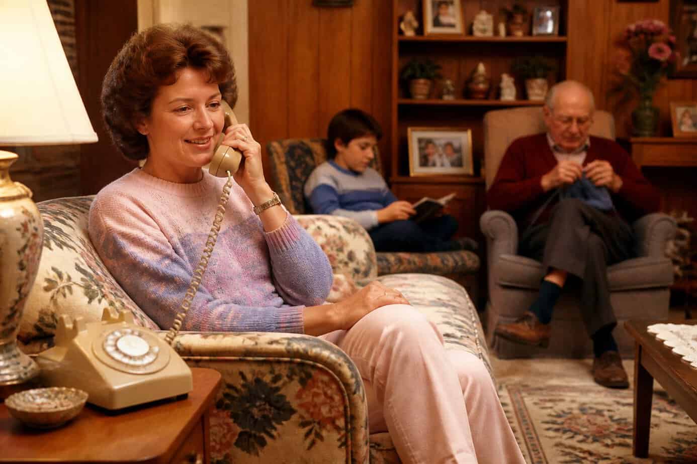 A woman sitting on a couch talking on a rotary landline phone in a cozy living room while family members quietly spend time nearby.