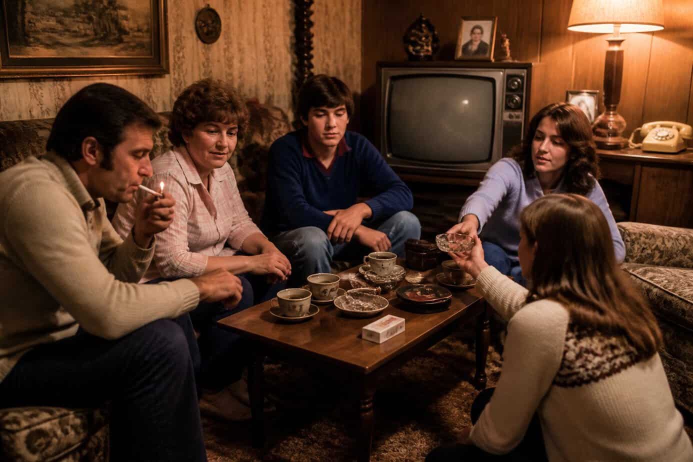A family in a 1980s living room with one adult lighting a cigarette and another passing an ashtray across the table.
