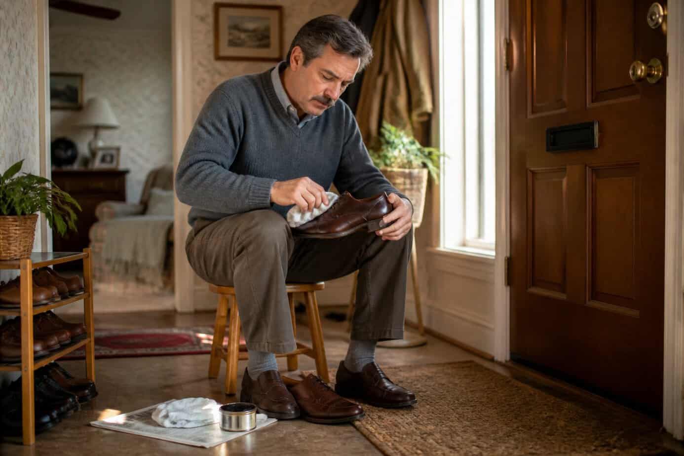 A man polishing shoes by the front door inside a cozy home.