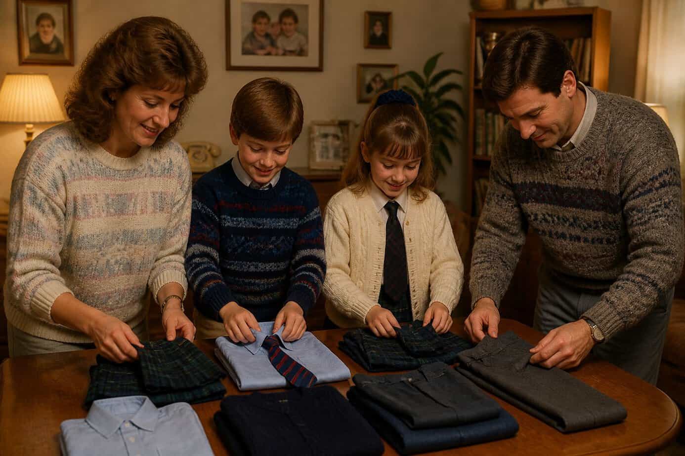 A family of four laying out school uniforms together on a table in their living room.
