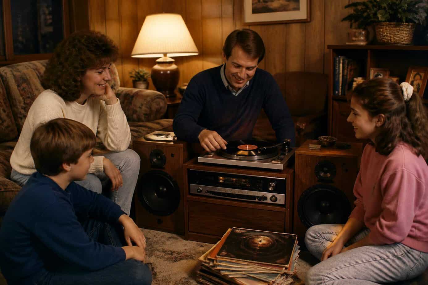 Family gathered in a living room playing vinyl records on a hi-fi system after dinner.