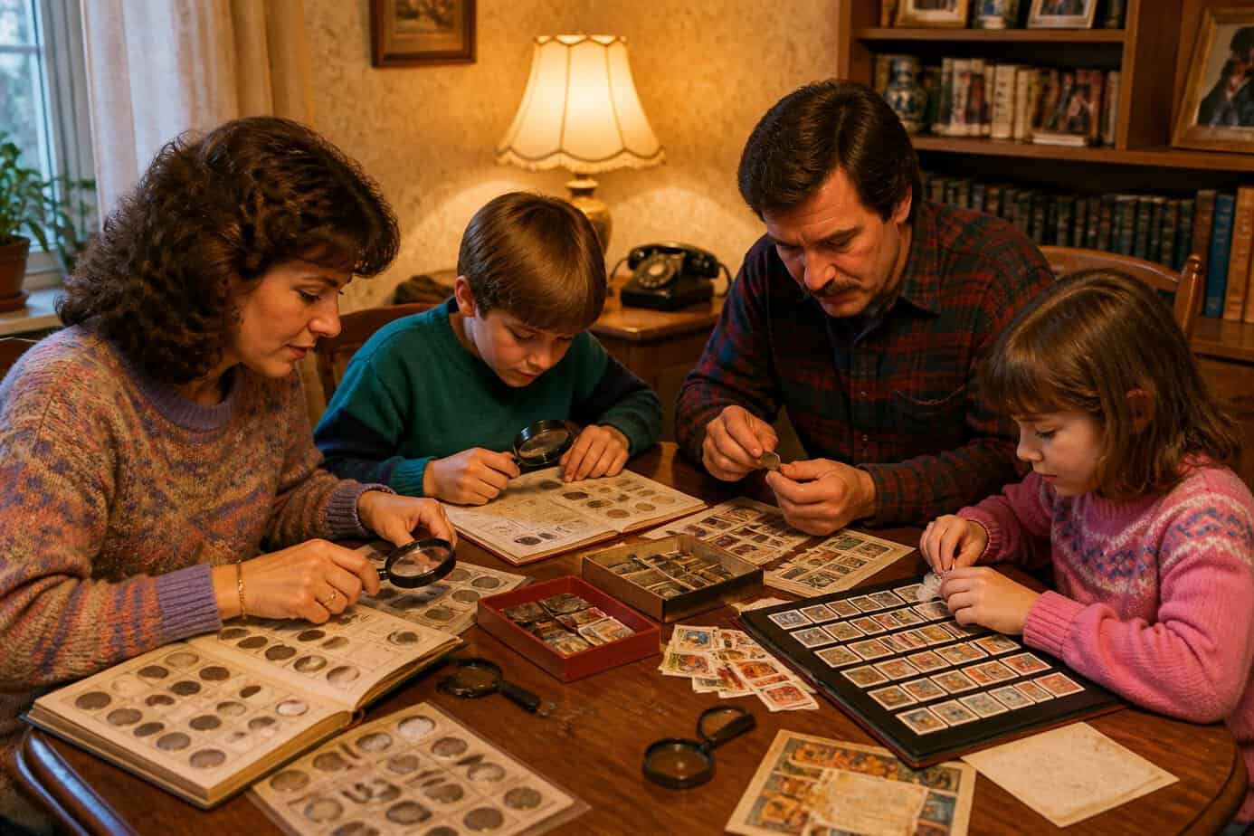 A family of four sitting around a table sorting coins and stamps together.