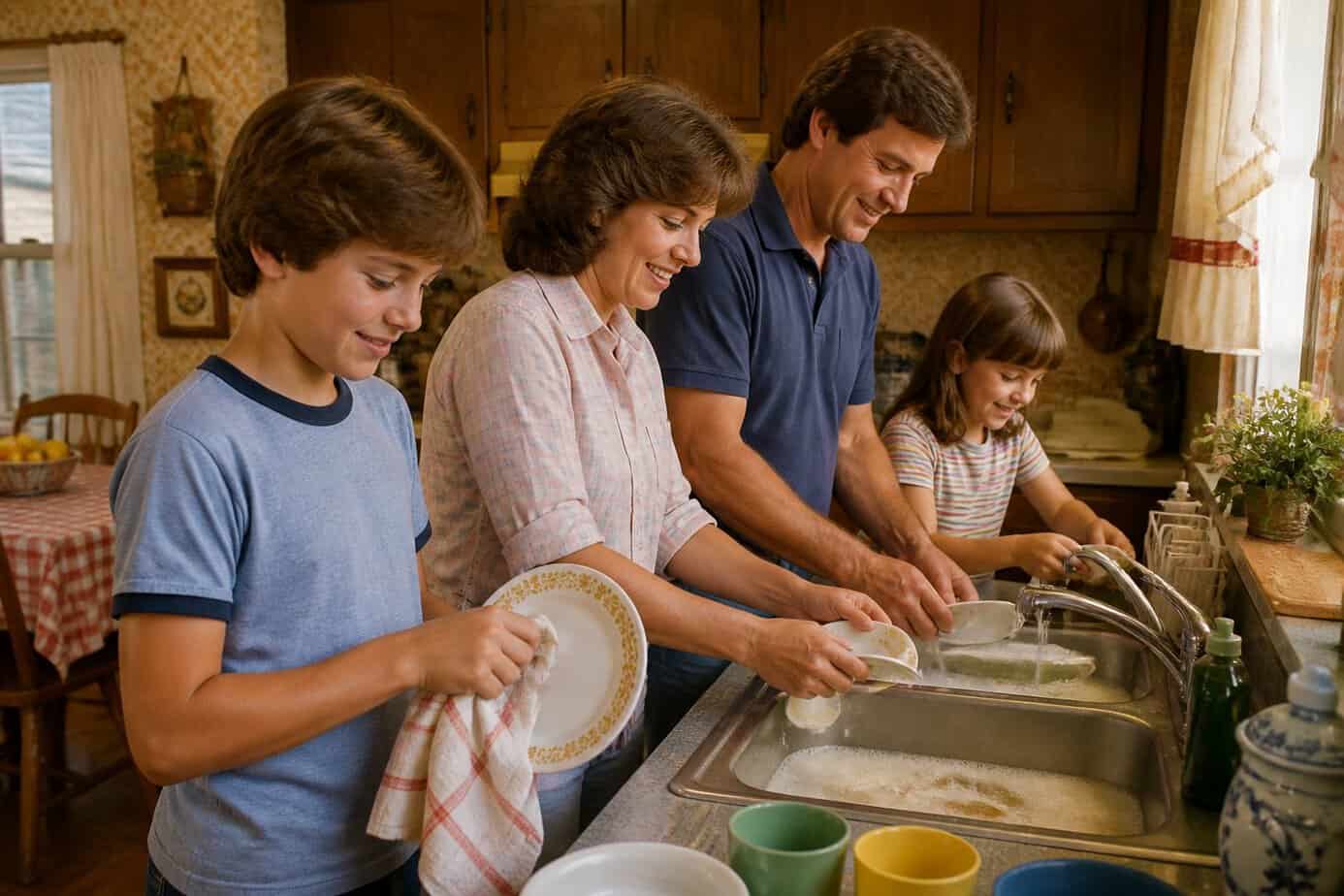A family washing dinner dishes together by hand at a kitchen sink.