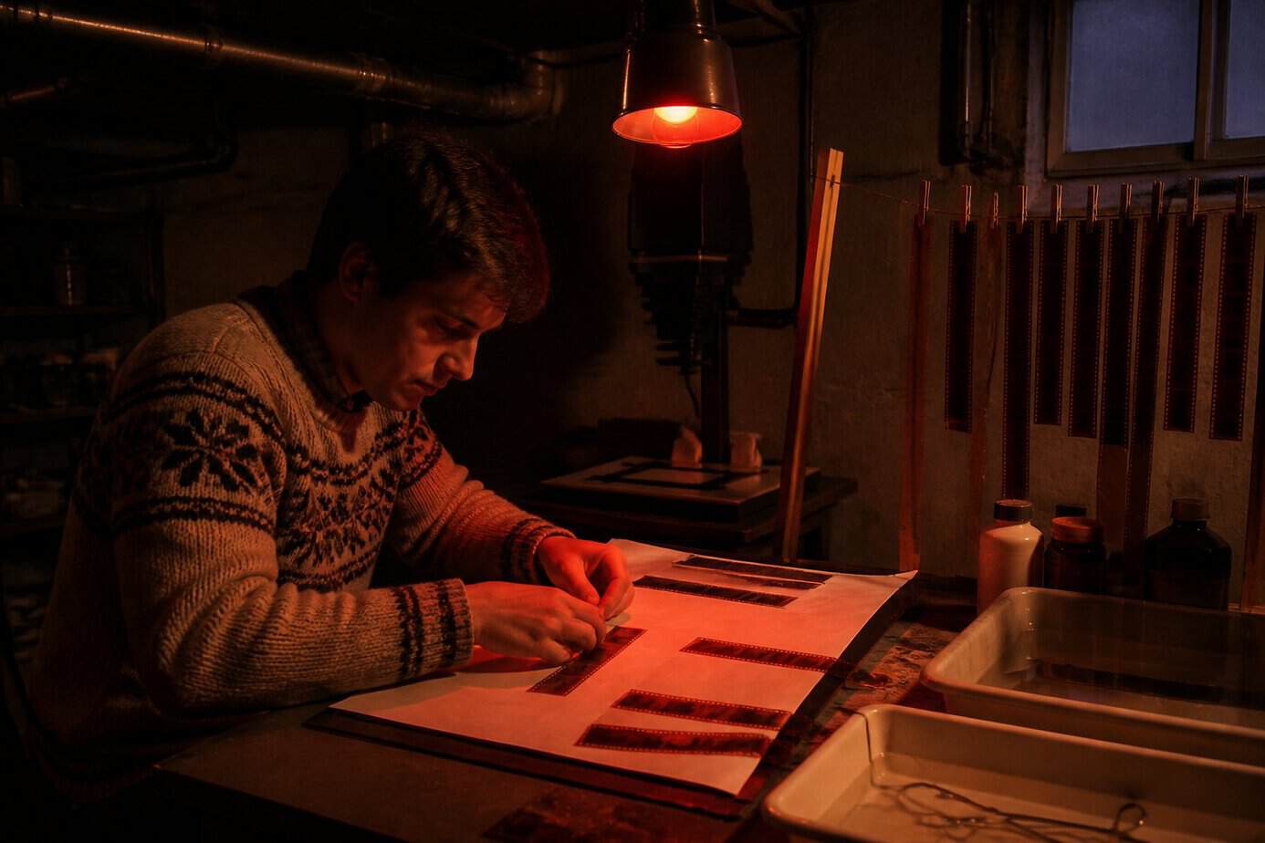 Person preparing and labeling photo negatives in a dimly lit basement darkroom with vintage equipment.