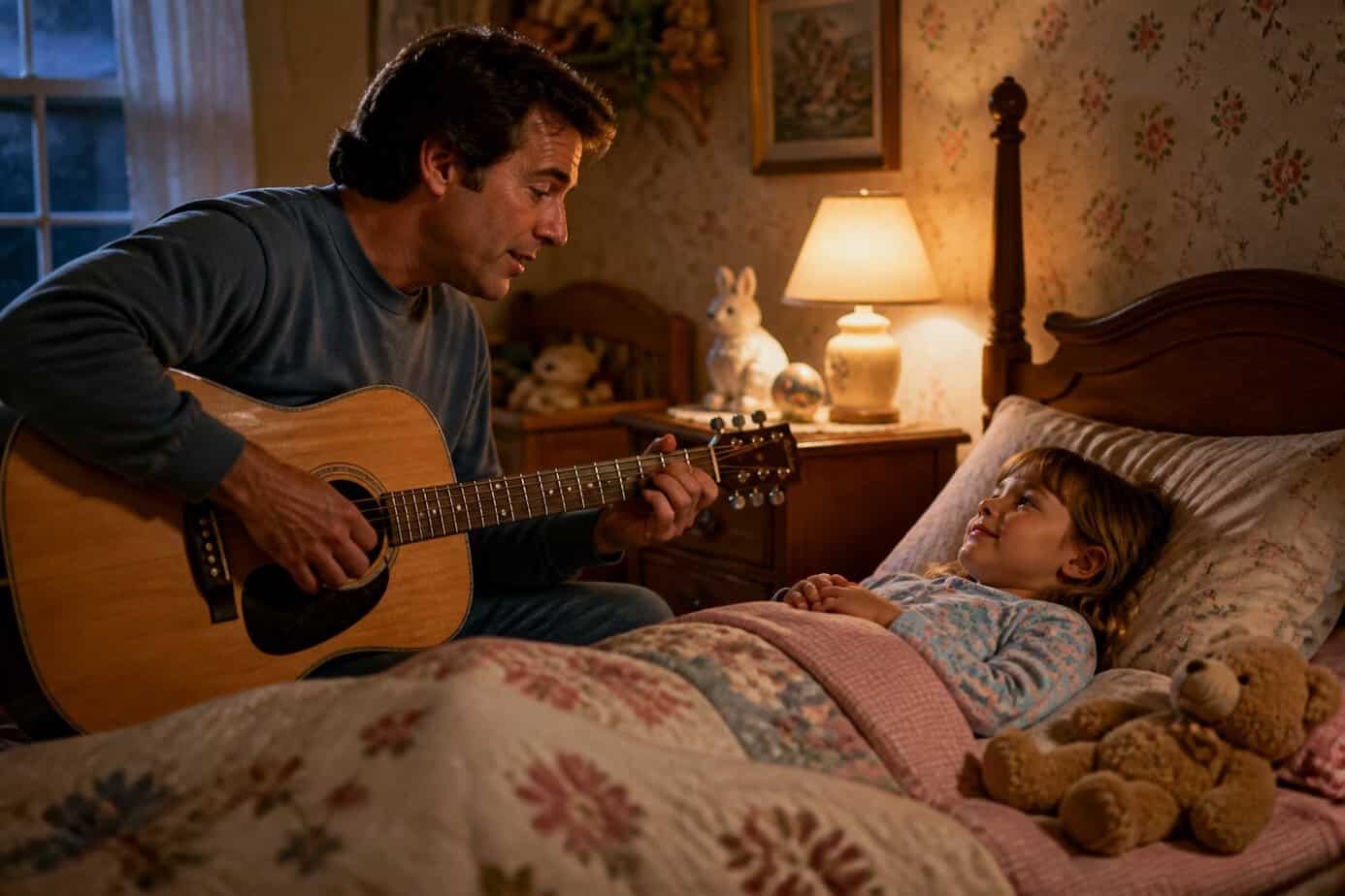 A parent playing guitar and singing a lullaby to a child tucked in bed in a cozy bedroom.