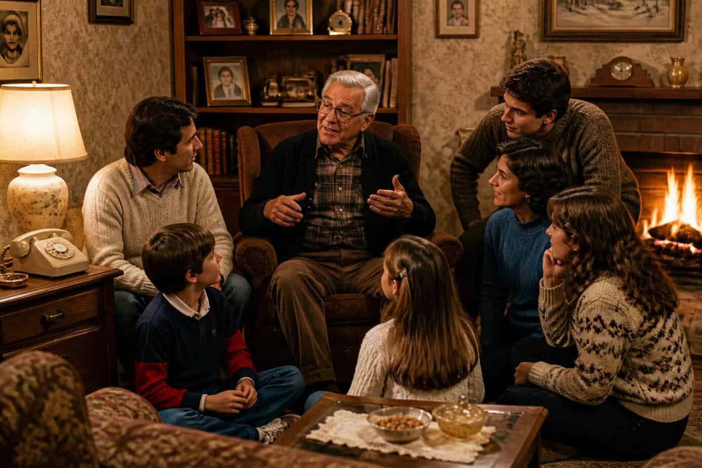A grandparent telling a story to attentive family members of various ages gathered in a cozy living room after dinner.