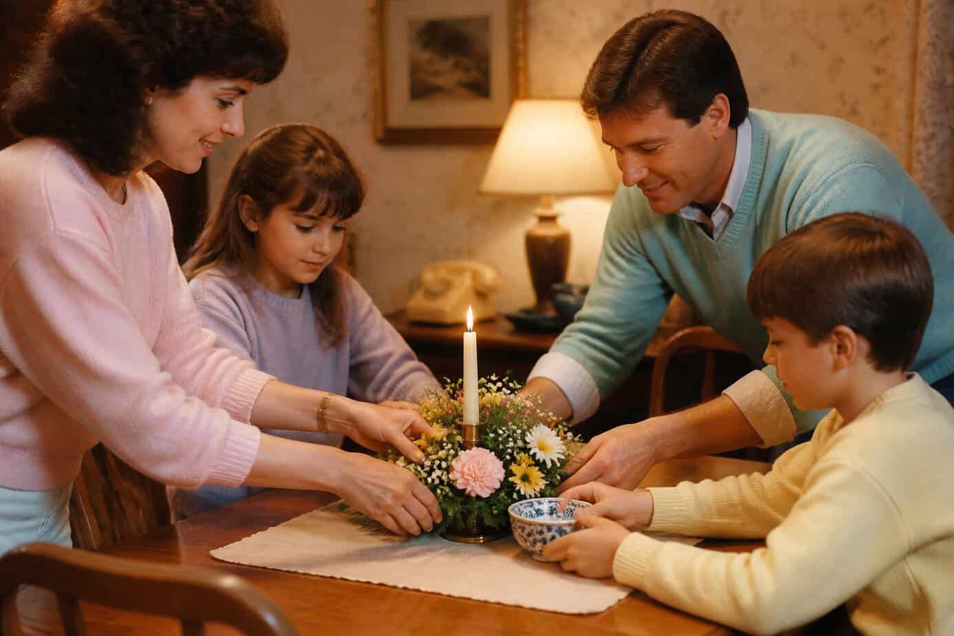 Family members setting a floral centerpiece together on a wooden dining table in a cozy dining room.