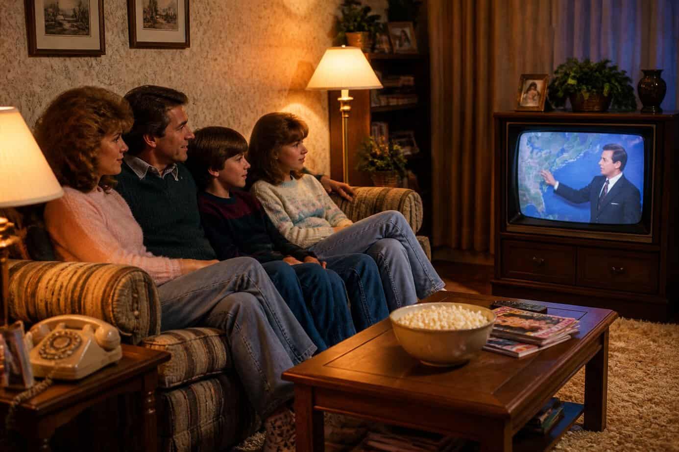 A family of four sitting together in their living room watching the evening news on a vintage television.