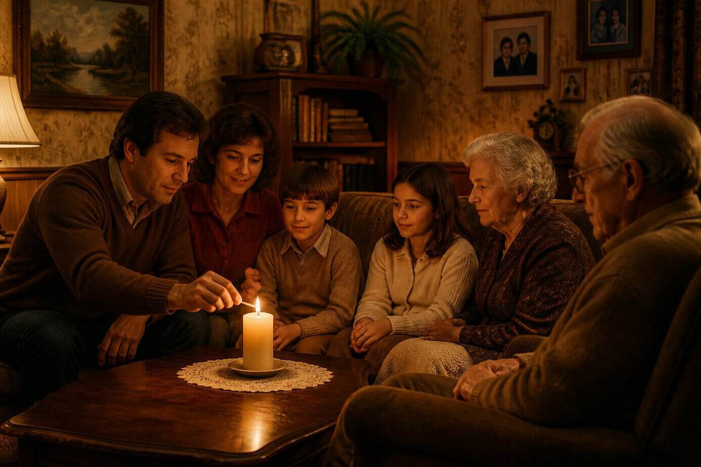 A family sitting together in a living room, sharing a calm moment as an adult lights a single candle on a table.