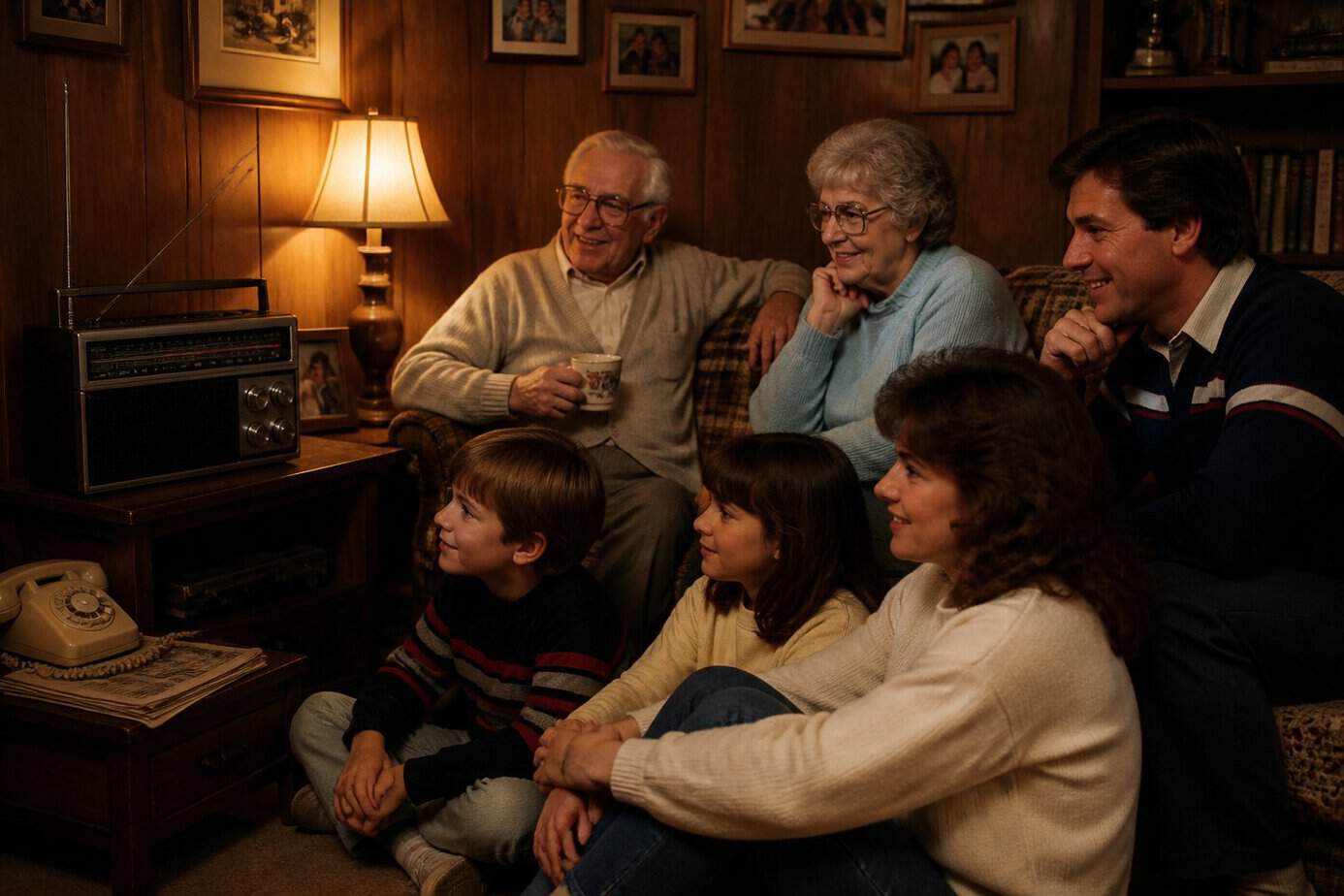 A multi-generational family gathered in a living room at night, listening to a vintage AM radio tuned to a sports game.