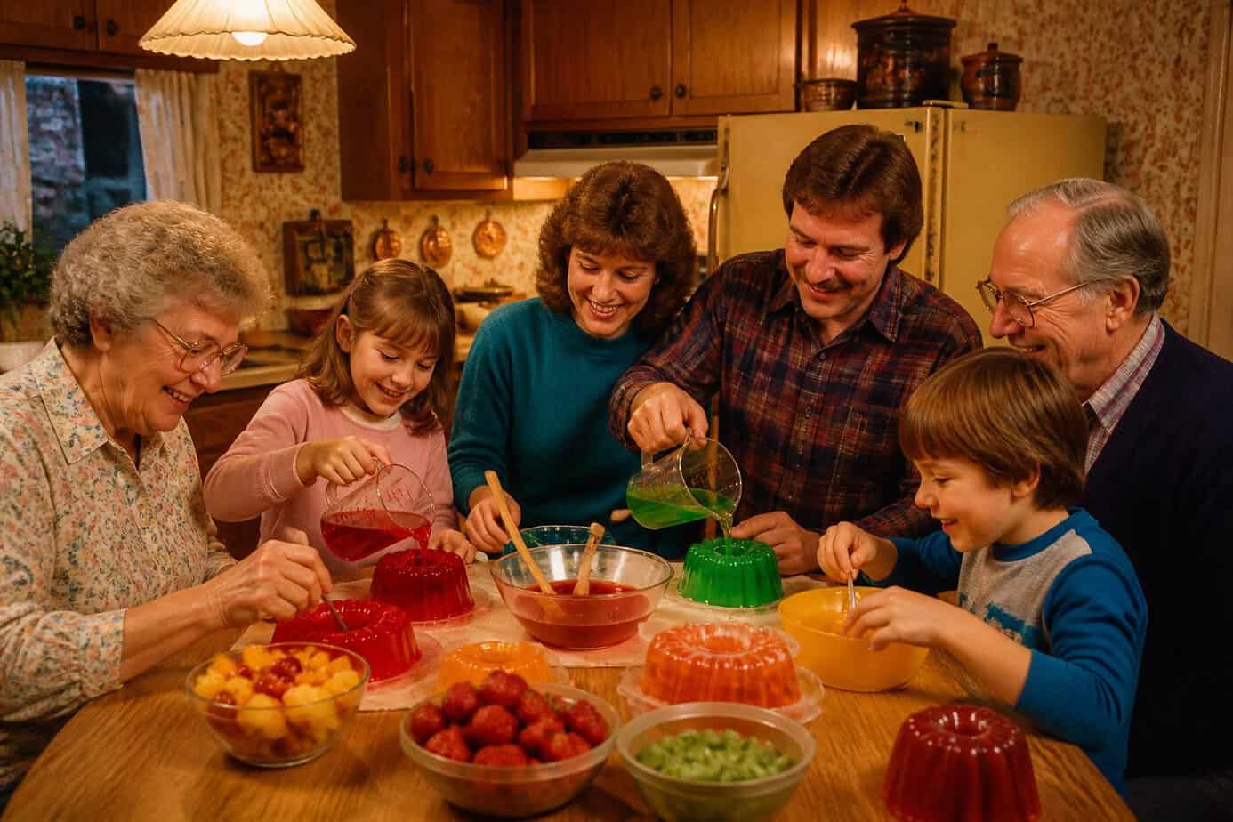 A family of multiple generations making gelatin desserts together around a kitchen table after dinner.