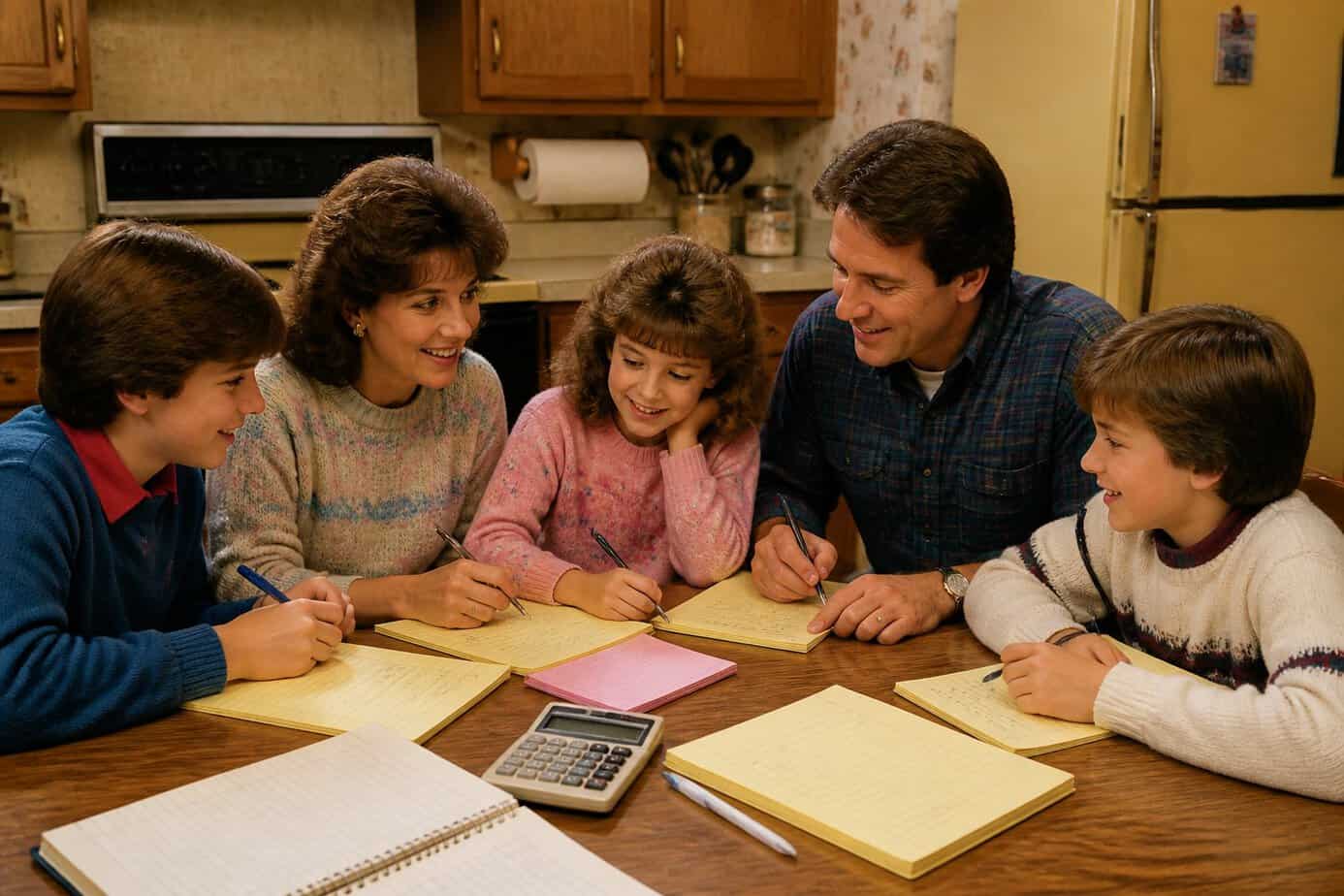 A family of multiple generations sitting around a kitchen table planning their weekly grocery list together.