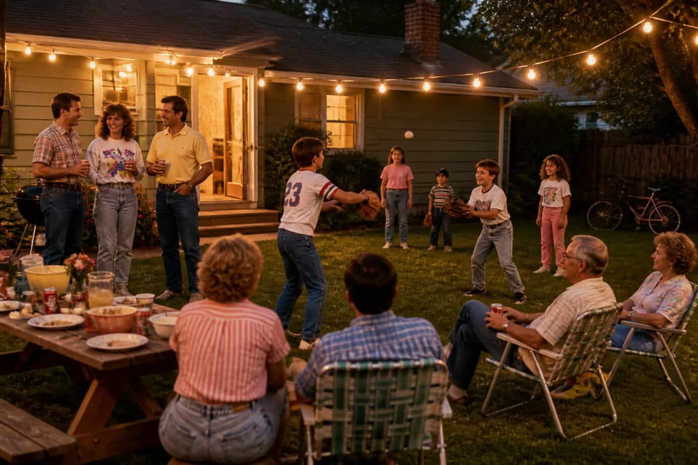 A family and neighborhood kids playing catch in a suburban backyard after dinner, surrounded by lawn chairs and string lights.