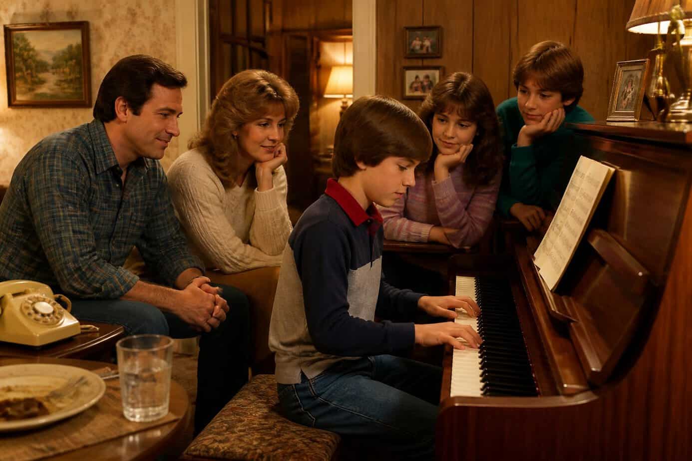A family gathered around a piano after dinner, with a child practicing musical scales while others watch.
