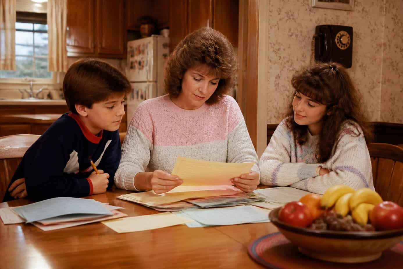 A parent and two children sitting at a kitchen table sorting school permission slips together.