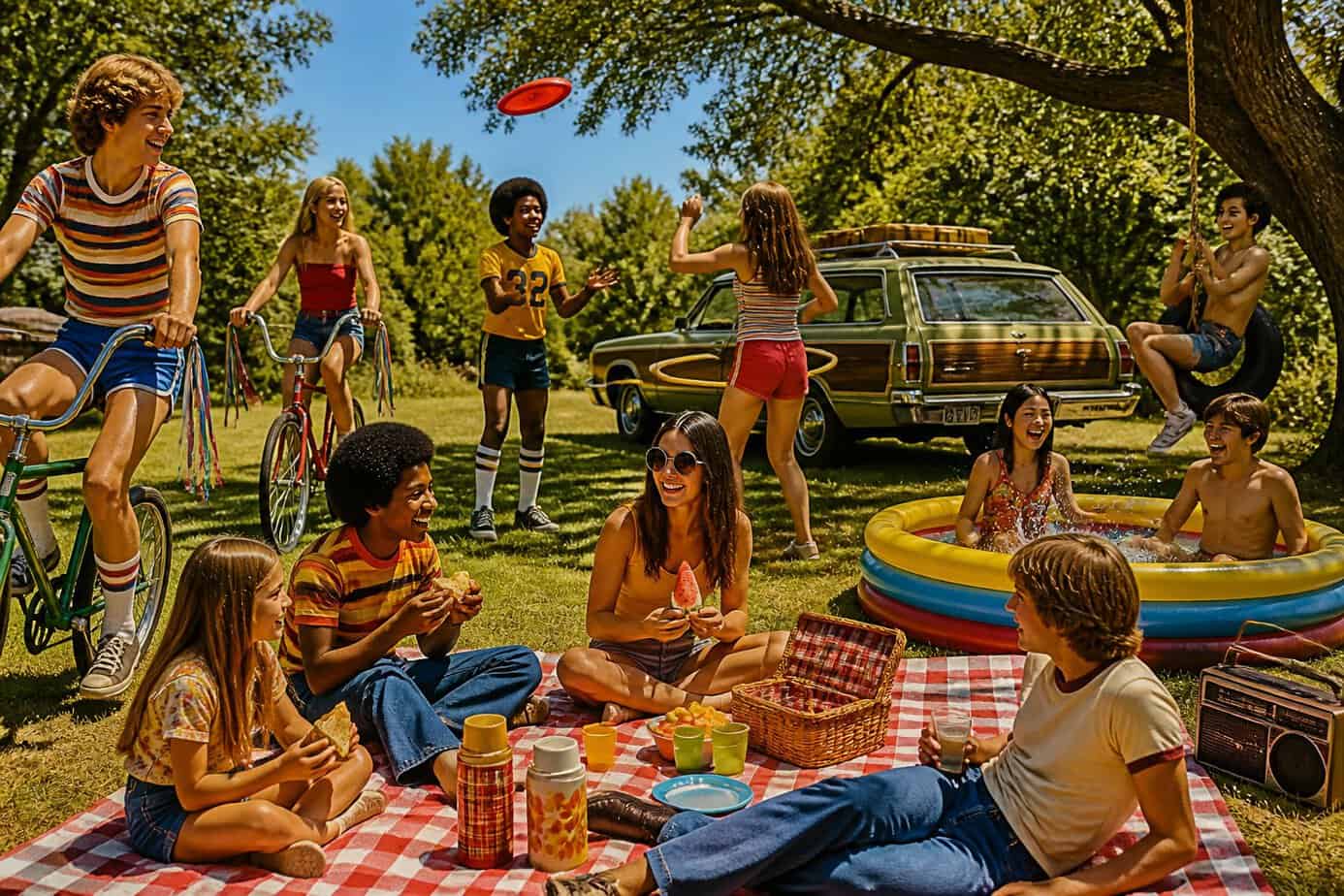 Children and teenagers enjoying classic summer activities like biking, playing with hula hoops, and having a picnic in a sunny park with a tire swing and a vintage car nearby.