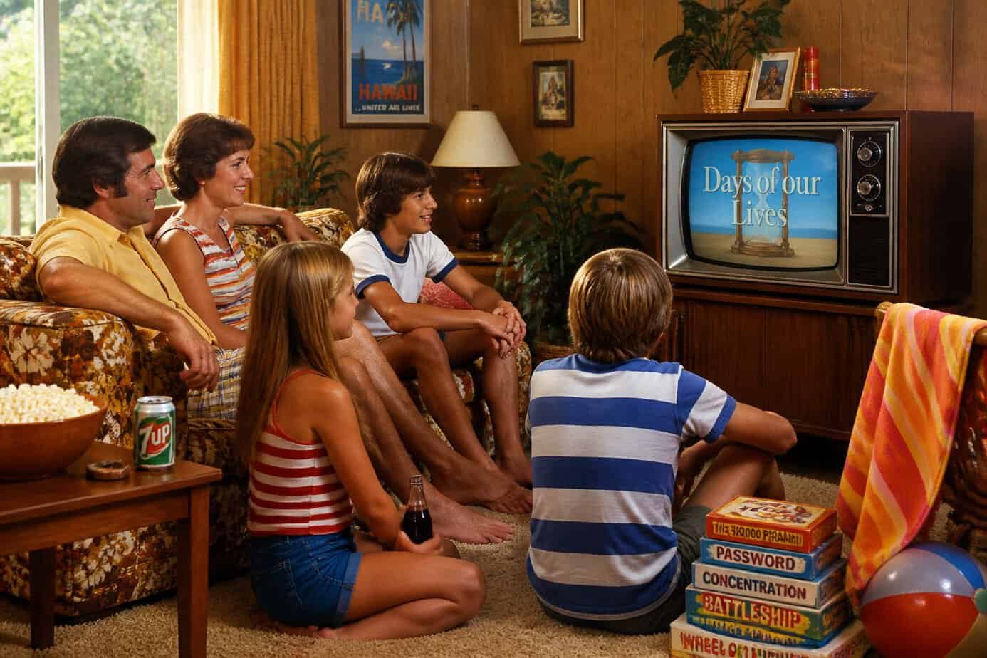 A family in a 1970s living room watching a vintage television, surrounded by retro furniture and summer vacation items.