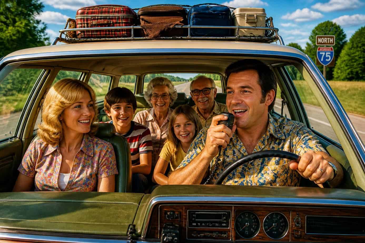 A family in a vintage station wagon on a sunny road trip, with the father speaking into a CB radio while others listen and smile inside the car.