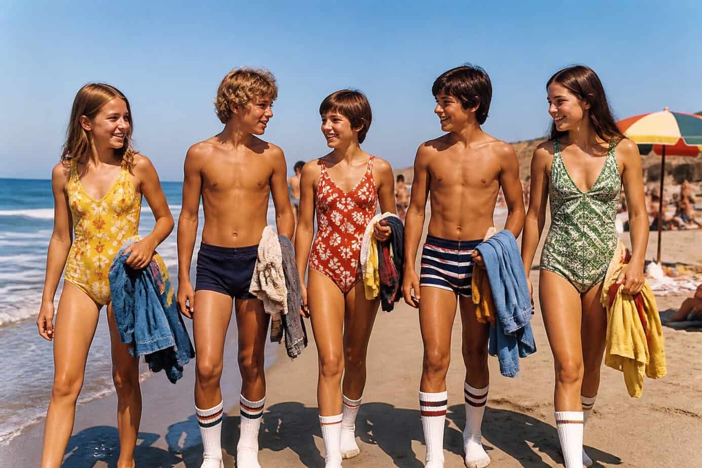 Children walking on a sunny beach carrying swimsuits and tube socks, enjoying a summer day by the ocean.