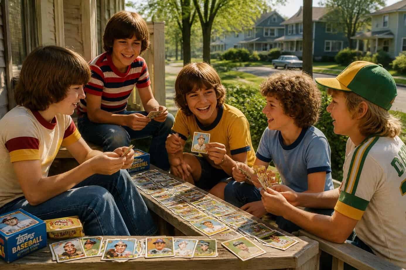 Children trading baseball cards on a sunny suburban porch during summer.
