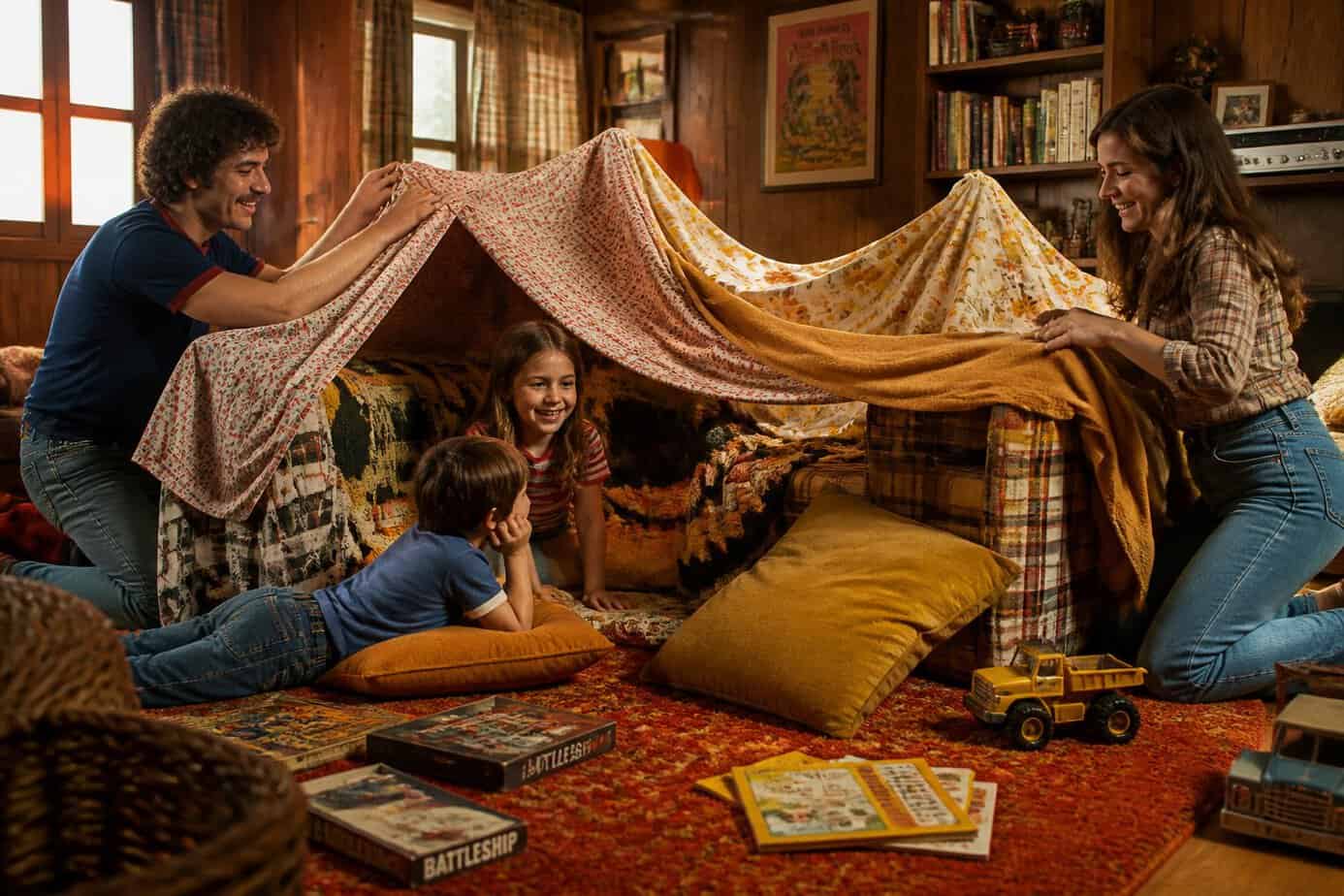 A family building a colorful blanket fort in a cozy den, smiling and working together surrounded by pillows and blankets.